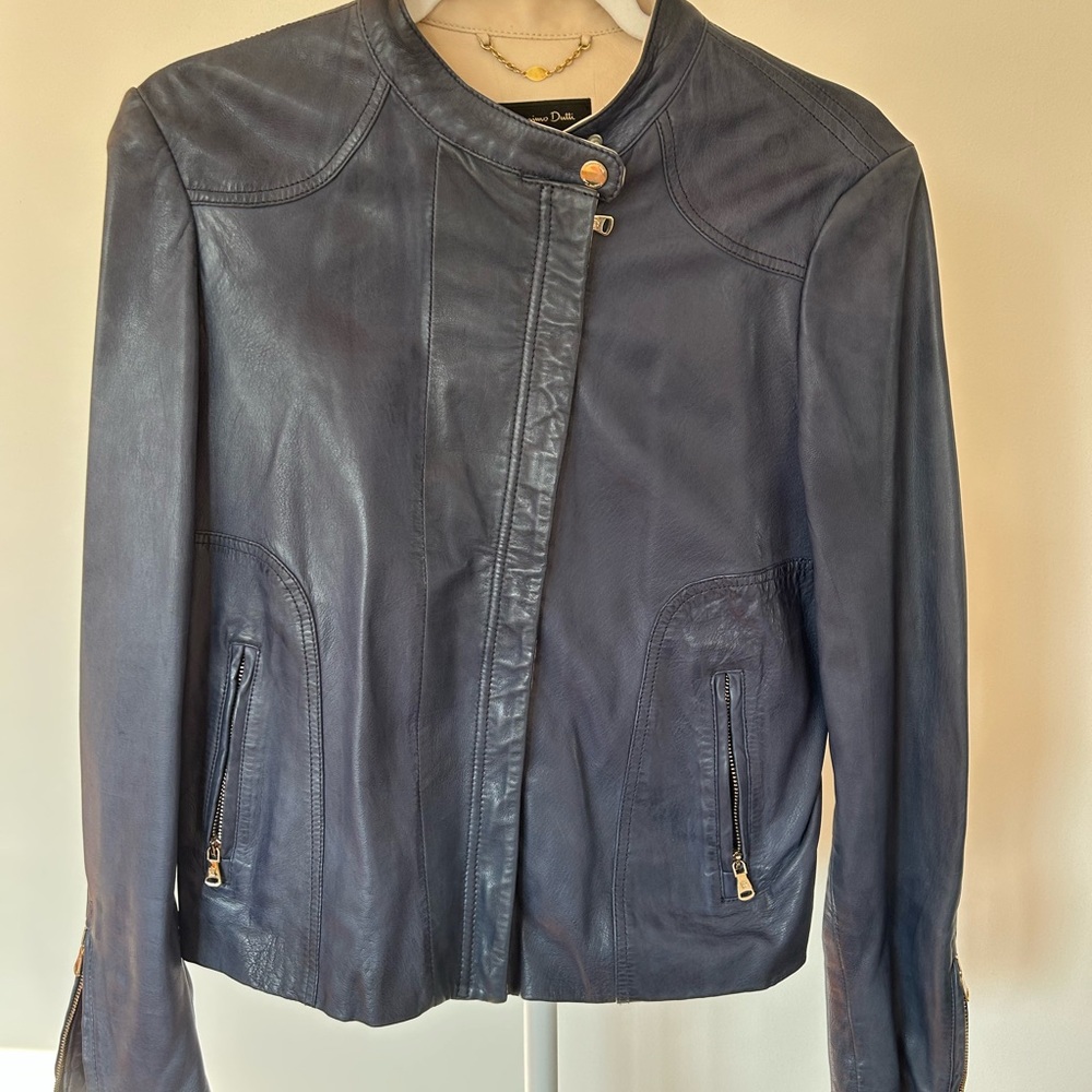Massimo Dutti Blue  Leather Biker Jacket